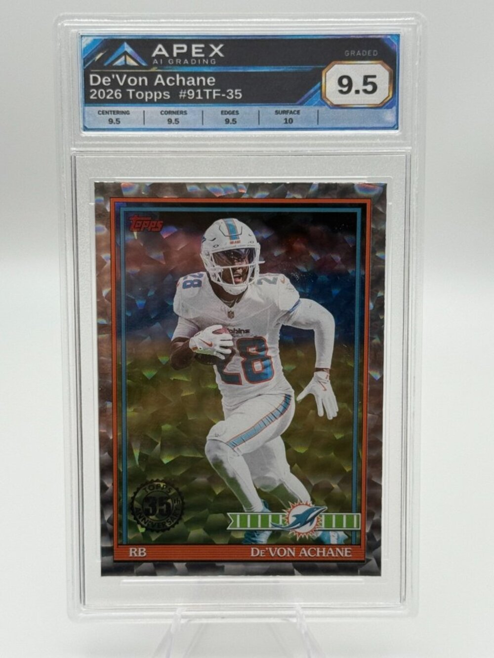 2026 Topps #91TF-35 De'Von Achane Miami Dolphins APEX AI Graded 9.5
